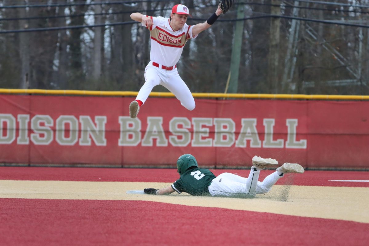Central Jersey News Player of the Week Anthony Calantoni '25 makes an acrobatic catch during a game against the South Plainfield Tigers.
