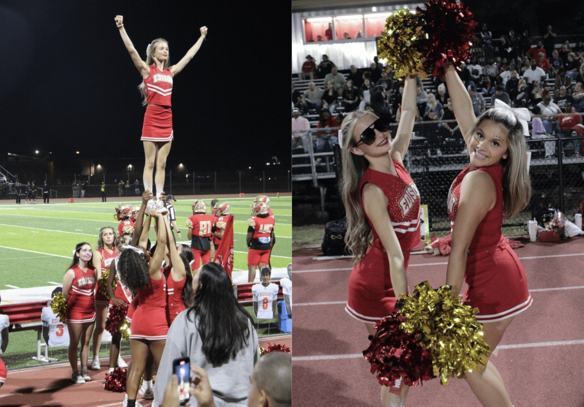 Brooklyn Torres '27 is lifted into the air and held up by a stunt group (left). Torres poses with her friend on the track as she cheers for the football team (right).