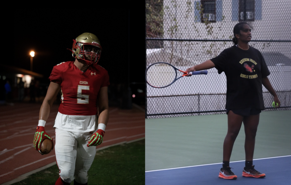 Carrying a football, Shaun Garland '27 (left) readies himself for a football game. Nandini Chandra '26 prepares to serve.
