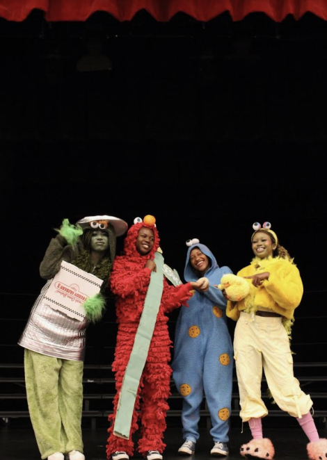 (from left to right), Suzette Stephen '26 as Oscar the Grouch, Breanna Smithen '26 as Elmo, Zoreena Scott '26 as Cookie Monster, and Willow Edema '26 as Big Bird, won 1st place for the 4th year in a row.