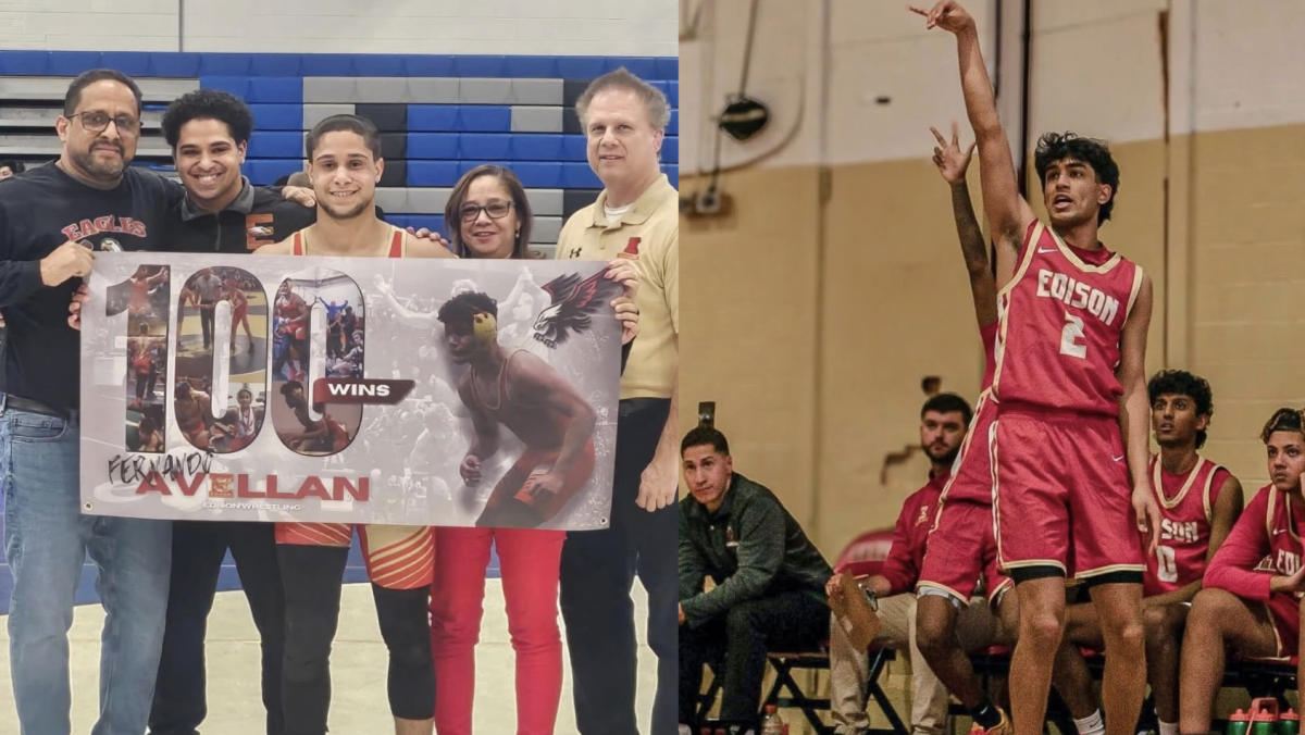 Fernando Avellan ‘26 (left) celebrates 100 wins as an Edison wrestler. Dheeraj Samparaboyina ‘26 leads his team by cheering them on.