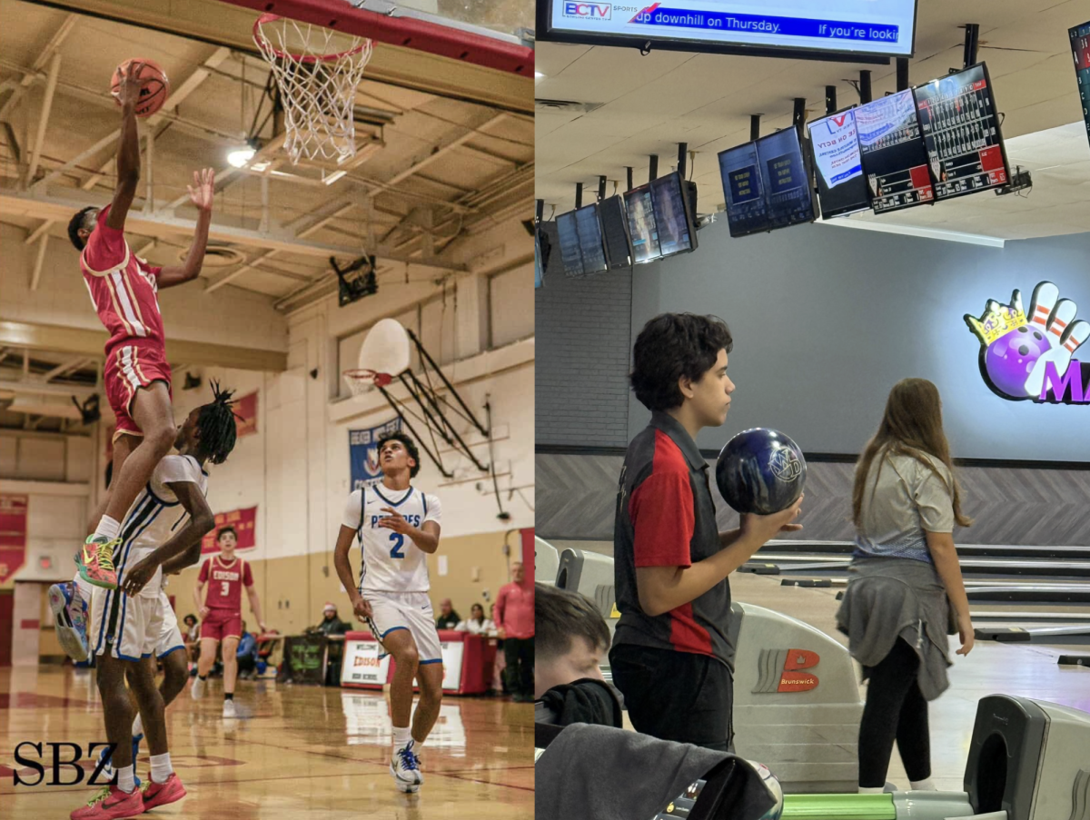 In a game against Petrides, Vibert Reynolds ‘27 (left) attempts to perform a dunk. Preparing to bowl, Joel Rodriguez ‘27 plans to help Edison gain another victory.