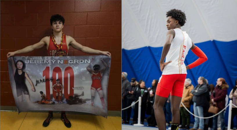 Jeremy Negron '28 (left) celebrates 100 wins on Edison's wrestling team. Kwadwo Boateng '27 prepares to run for his next event in the meet.