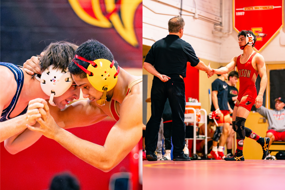 After reaching 100 wins, Fernando Avellan '26 (left) is aiming for the second-most wins in school history. At right, Jeremy Negron ‘26 shakes hands with a coach. He also reached the 100-win milestone this season and plans to continue his wrestling at Vermont State University in the fall.