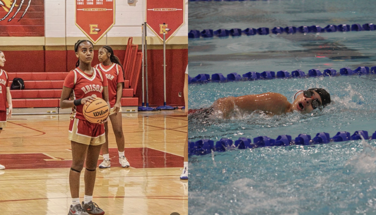Kayley Smith '29 (left) readies herself at the foul line, preparing to take a shot. Jesus Jimenez '27 races in the 400-meter freestyle swim, where he eventually placed second.