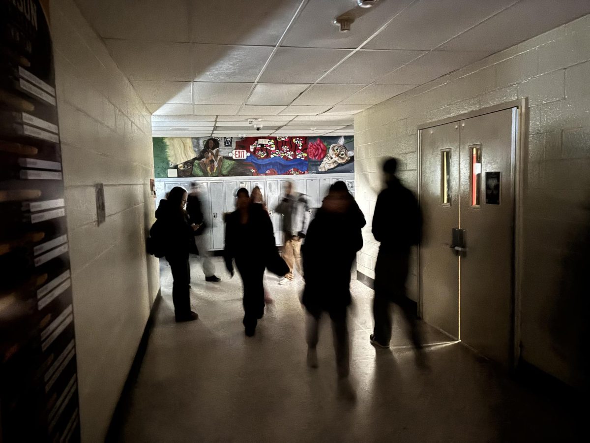 Sunlight from the windows in Room 134 illuminates the darkened halls. The blackout was caused by a construction accident outside of the building.  