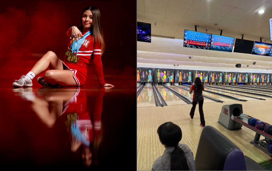 Gianna Ruffino '26 (left) poses with her four state champion medals and rings. Ishika Bhalla '26 (right) approaches her lane, ready to strike the pins.