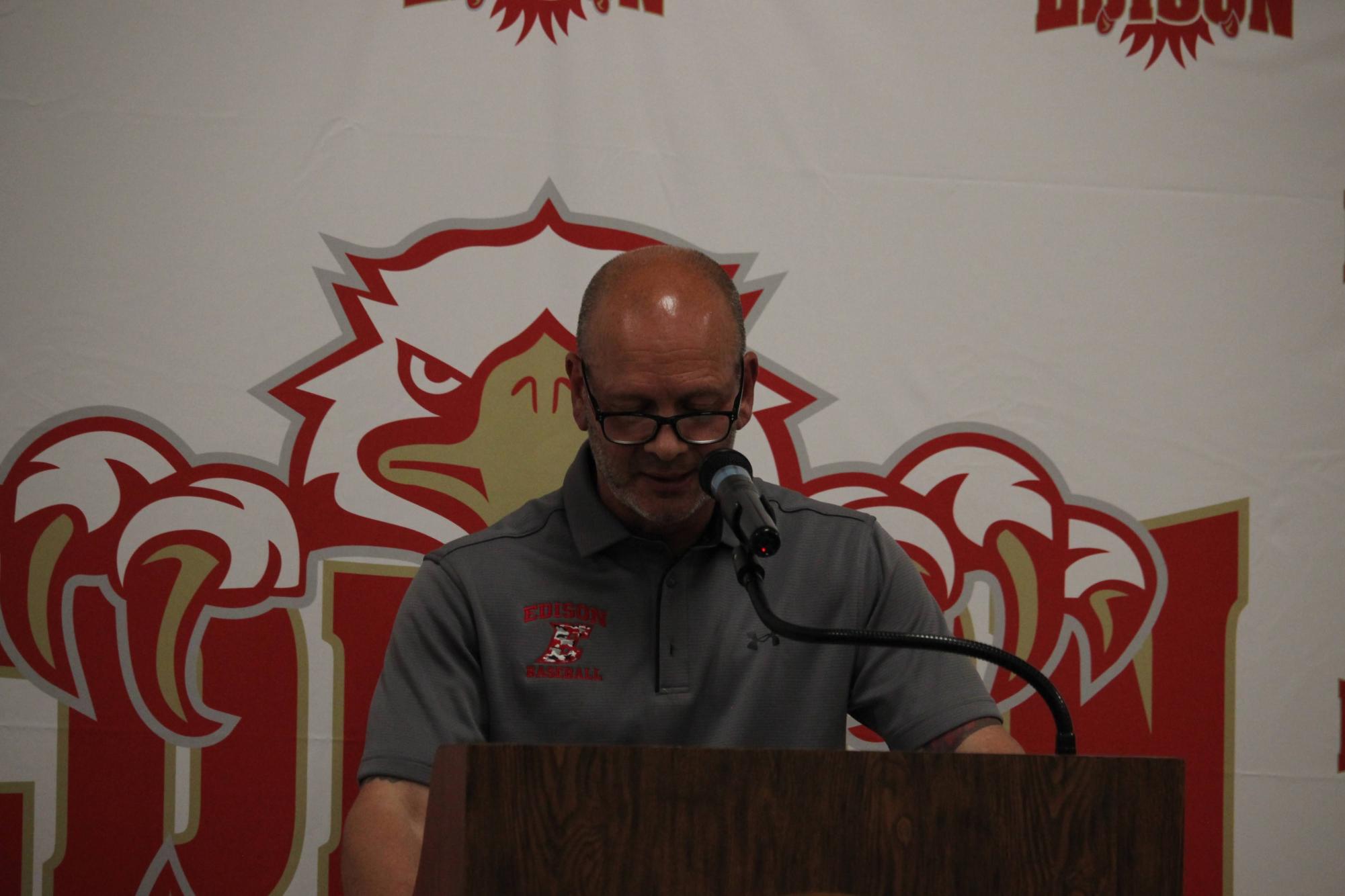 Head Coach Vincent Abene addresses players and families during the Edison High School Baseball Banquet, reflecting on the program’s tradition of dedication, teamwork, and pride in the red and gold.
