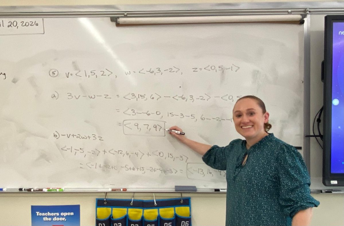 Ms. Amanda Gonzci '06, teaching 3D vectors to her Pre-Calculus Honors class, advises students to choose a career path they would find happiness, fulfillment, and purpose in.