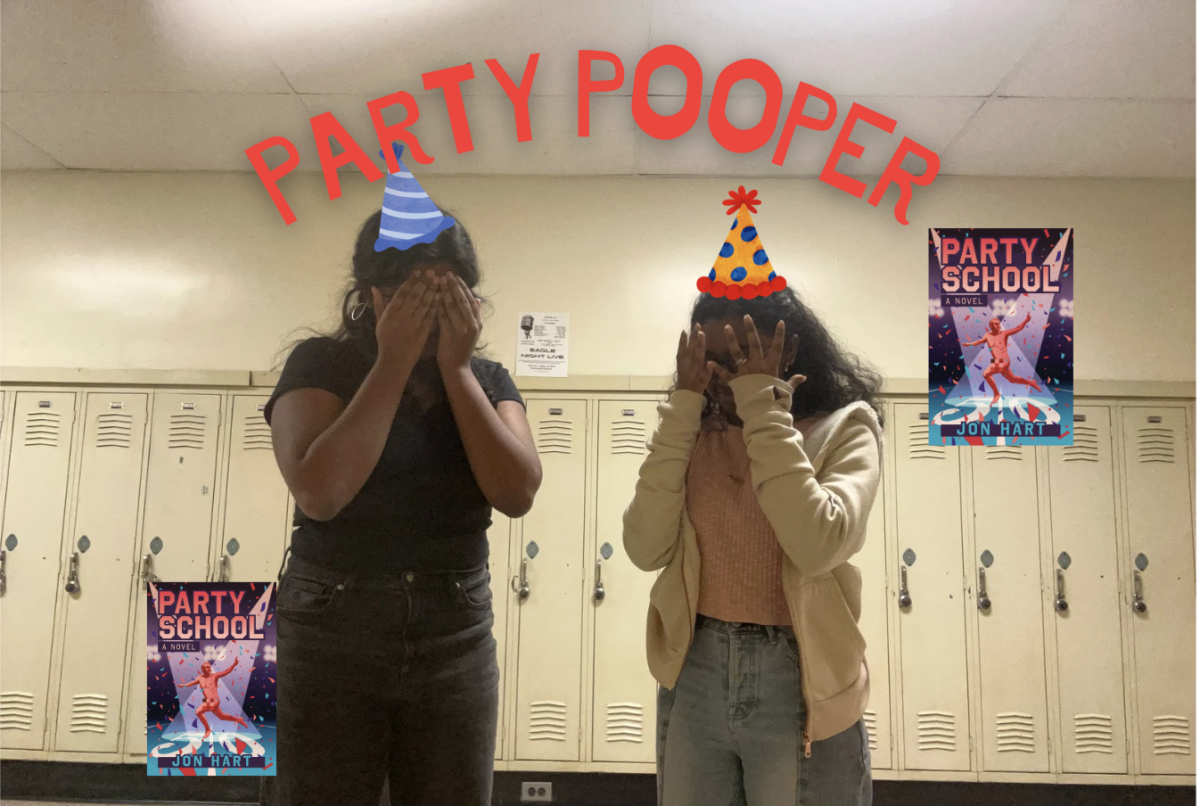 Solai Ramasubramaniyam '27 and Rithika Gunasekaran '27 convey their interpretation of John Hart's novel Party School, utilizing childish graphics to exemplify the nature of the book.