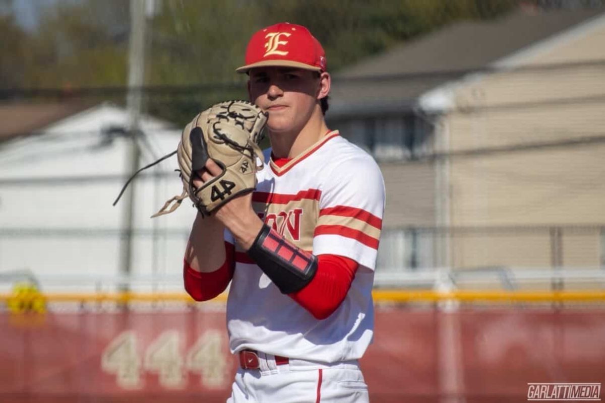 Connor Murphy '26 sets his pitch on the mound at Edison High's Mike Krychowecky Field on April 14. Facing off against St. Joseph's, Murphy would go on to pitch the second no-hitter of his career.