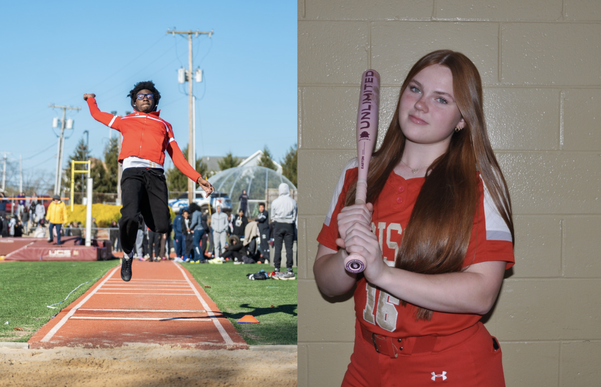 Jah'mir Mosley '27 (left), as part of the first place team at the 2026 Huskey Relays, long jumps 19 feet and 2 inches. Jenna Fugate '28 poses with her bat, having reached 200 strikeouts.