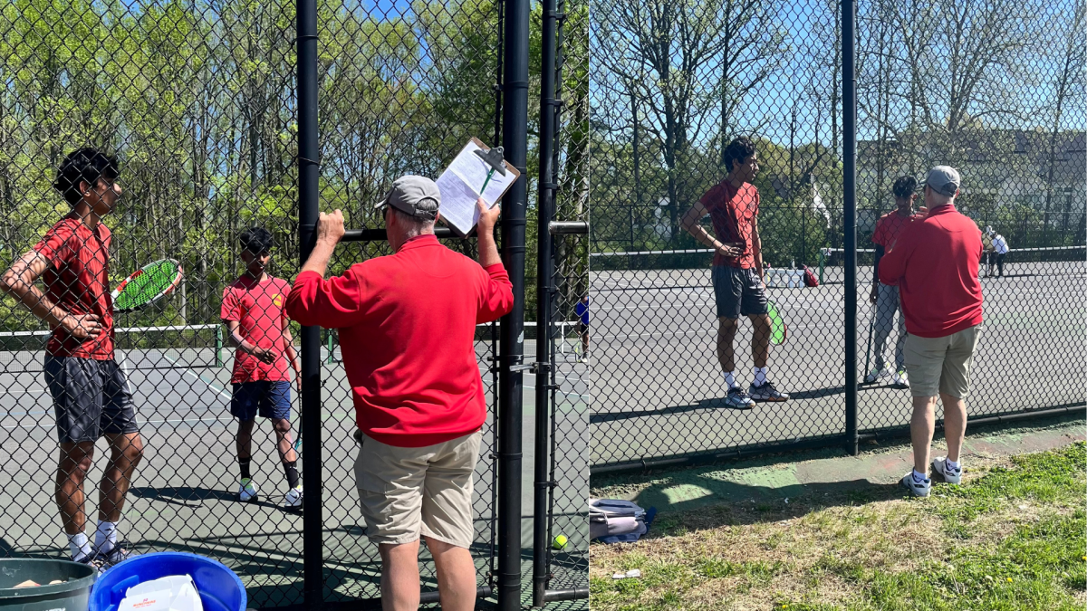 Coach Wesley Smith encourages (left) Advik Mishra '27 and Rithvik Kalikivai '29 to play more strategically after a setback in the first set. His advice has paved the way for the many successes of his players, such as Mishra and Kalkivai.