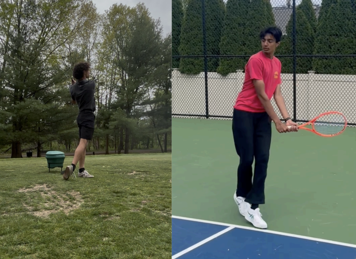 Brett Bills '26 (left) hits a straight drive, aiming to come within par to secure an Edison lead. Arnav Arora '28 prepares a defensive backhand swing, playing deep to maintain an offensive position and secure the point.