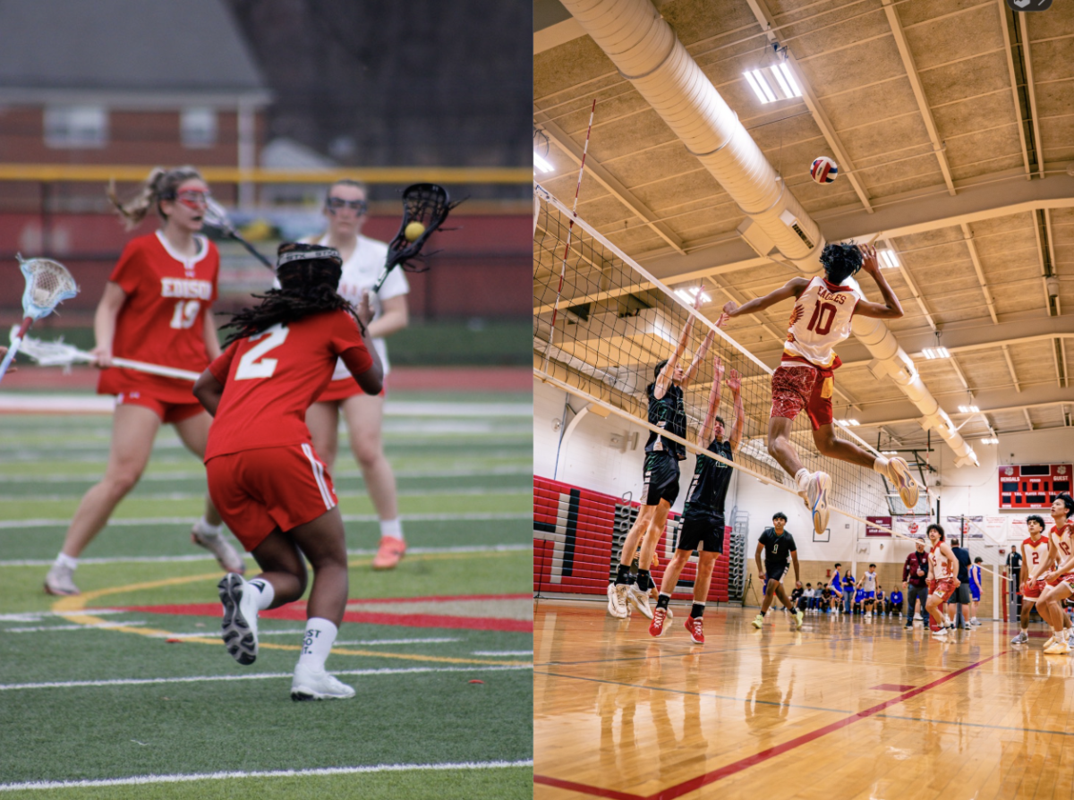 Taziyah Lanier '26 (left) gains possession of the ball and looks for an open teammate during a lacrosse game. Aryen Ananda '28 loads up a spike that forces the opponent into a weaker position.