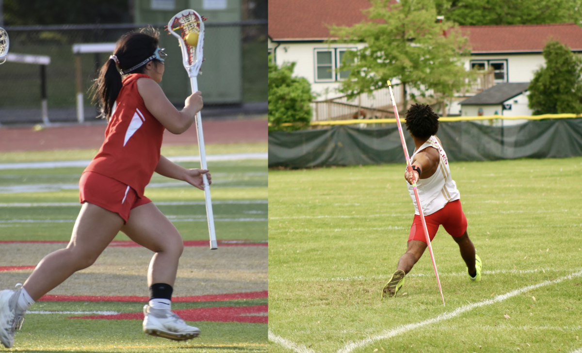Ava Pridady '29 (left) maneuvers across the field to score another goal. Landen Cruz '26 prepares to throw the javelin, aiming to break his personal record.